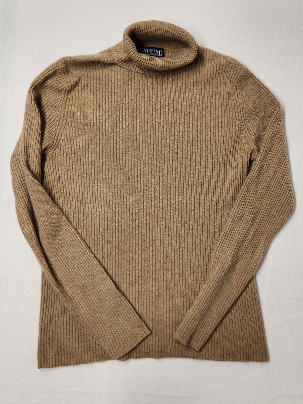 Lands End 100% Cashmere Tan Camel Ribbed Turtleneck Sweater M Quiet Luxury Cozy